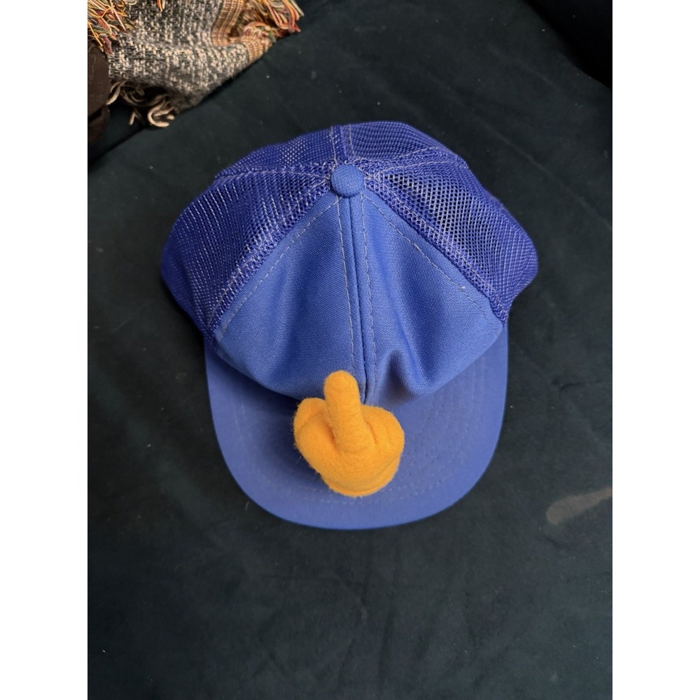 Vintage 80s Middle Finger Hat 3D Plush Blue Trucker Snapback Designer Award - Picture 11 of 12
